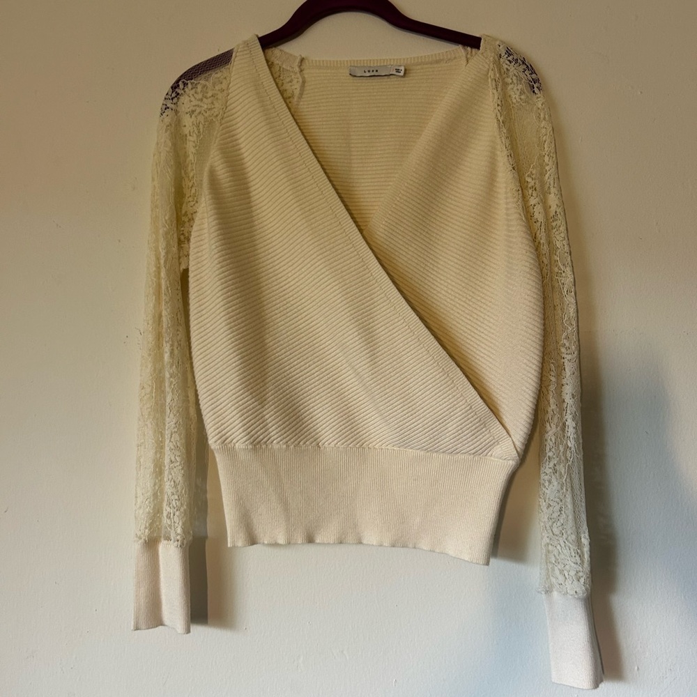 Lush Cream V-Neck Sweater with Lace Sleeves